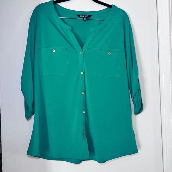 Ellen Tracy Teal Button Down Blouse Roll Tab Sleeves Size Large NWT - Picture 1 of 8